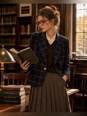 Vintage 80’s Kasper Navy Windowpane Plaid Blazer with Gold Coin Buttons